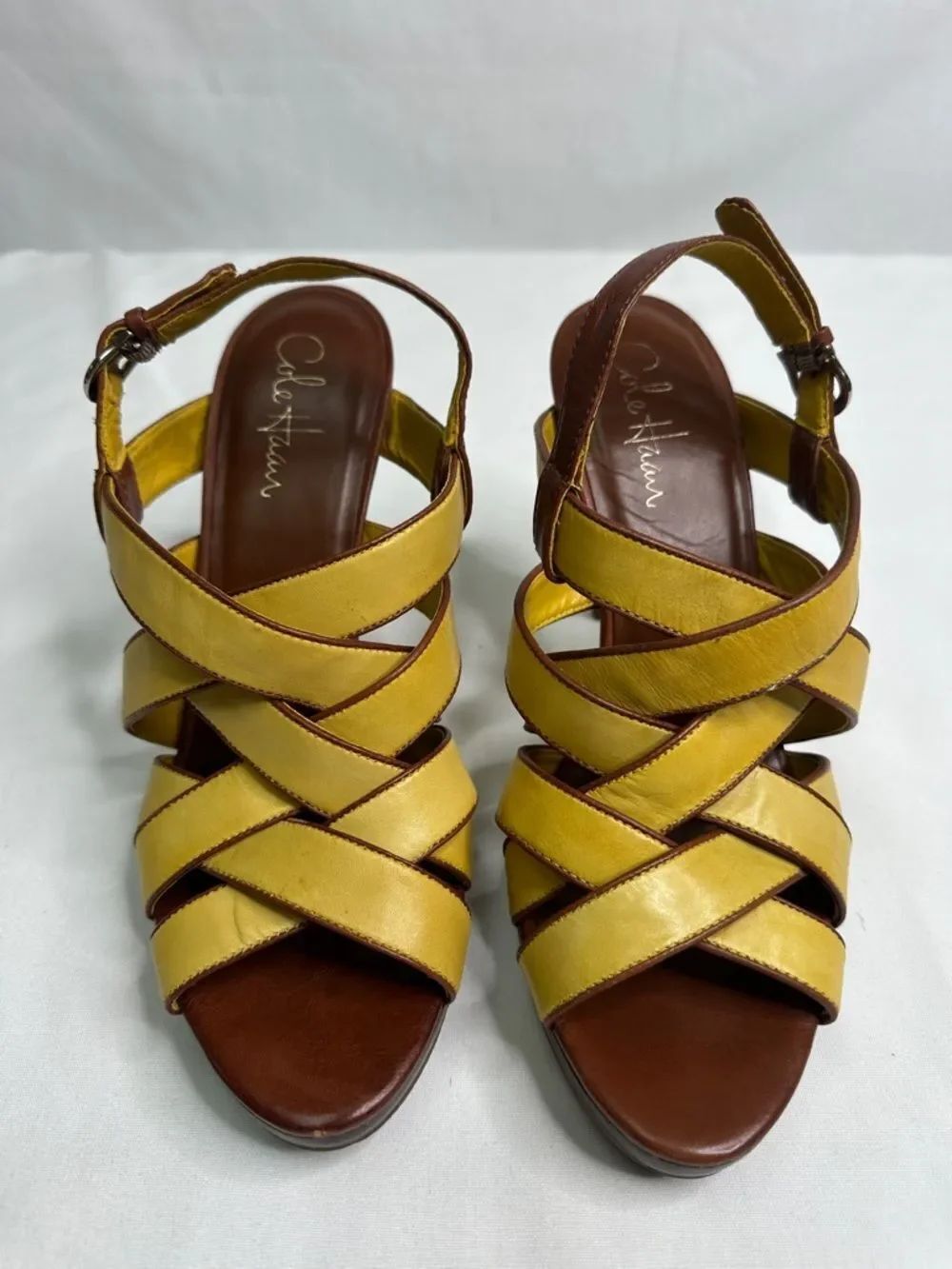 Cole Haan Yellow and Brown Leather Crisscross Slingback Sandals